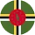 Dominica flag with a green field, cross of three bands in yellow, black, and white, and a red disc with a parrot in the center.