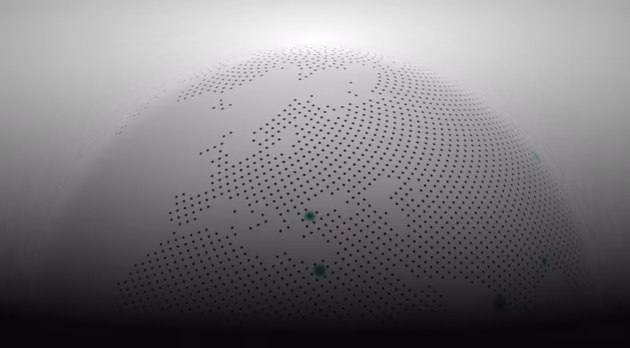 Abstract grayscale globe with dotted continents and faint green markers on some locations, set against a black background.